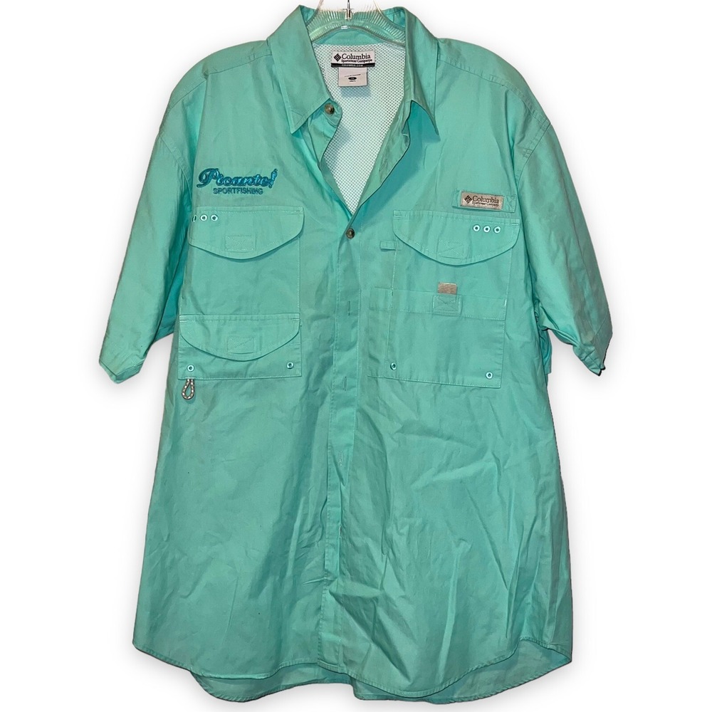 Columbia PFG Shirt Men Small Picante Blue Nylon Fishing Button-Down Cabo Mexico
